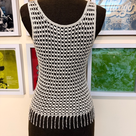 Y2K 90s Hand-Crocheted White Fringe Tank Top w/ Beaded Hem - Picture 2 of 6